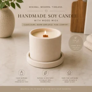 Handmade Concrete Soy Candle | Wood Wick, Reusable Cement Vessel, Minimalist Home Decor